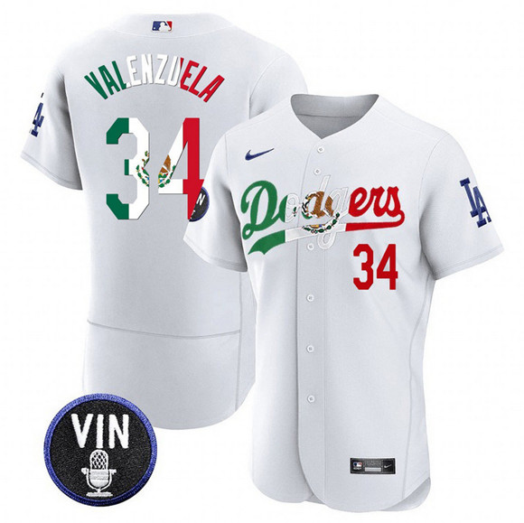 Men's White Los Angeles Dodgers #34 Fernando Valenzuela Mexico Special Vin Scully Patch Flex Base Stitched Baseball Jersey